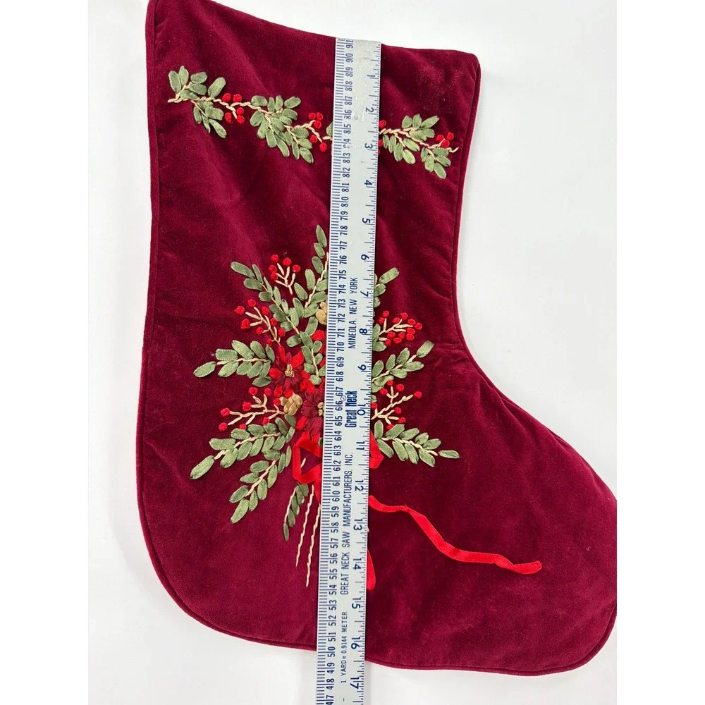 Vtg Burgundy Velvet Christmas Stocking Ribbon Embroidery Floral Red Green